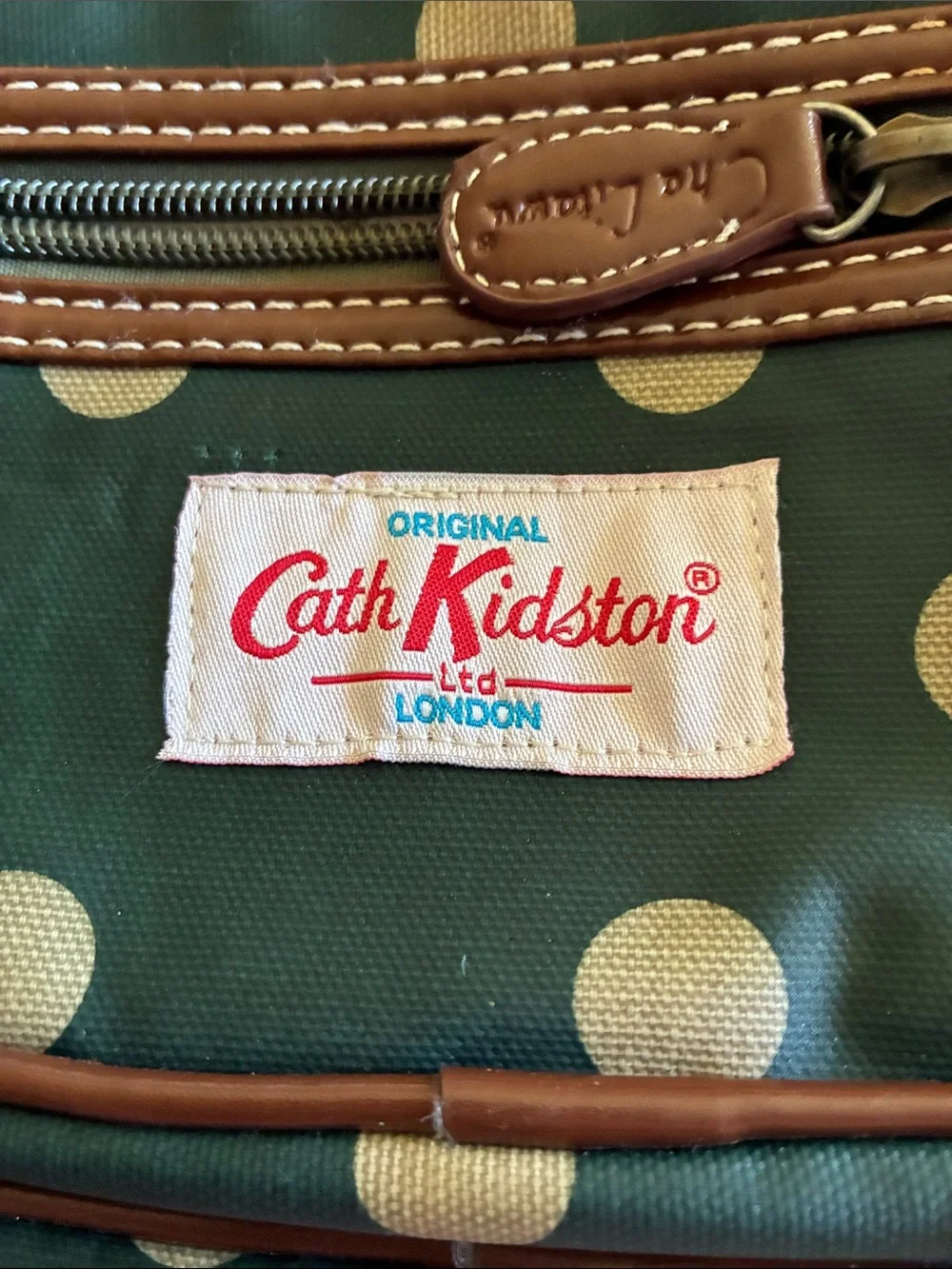 Cath Kidston Green Polka Dot Messenger Bag with Brown Trim